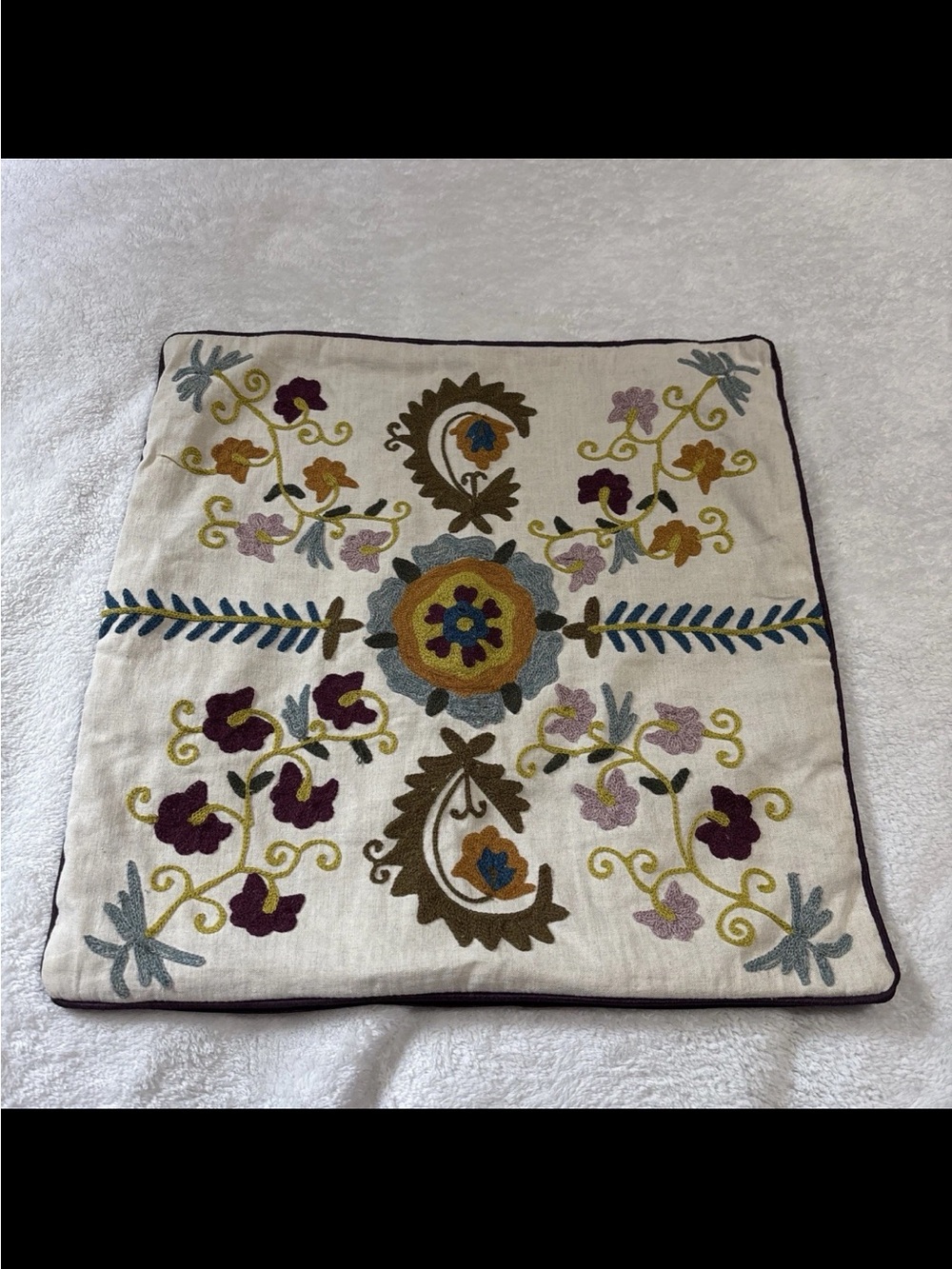 World Market Embroidered Floral Pillow Cover 18x18 Zip Multicolor Cotton Linen